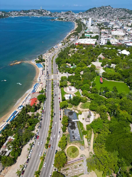 Aerial Vertical View of Acapulco Bay: Overlooking the Papagayo Park and coastal avenue, Mexic