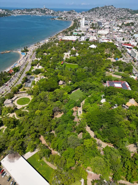 Aerial Vertical View of Papagayo Park: Overlooking the Bay and Acapulco City, Mexico