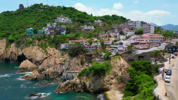 Drone Video Vista Lateral Acapulcos Quebrada Cliff Diving México — Vídeos de Stock