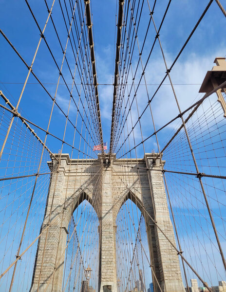 A striking view of the Brooklyn Bridges intricate cable patterns against a clear blue sky.