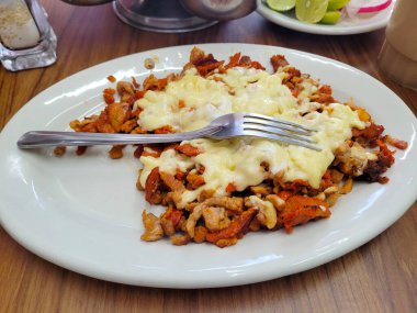 Baharatlı Al Pastor peynirle, taze salsa ve soğanla servis edilir.