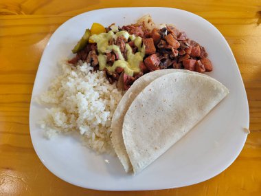 Avokado soslu lezzetli bir tabak al pastor eti, kabarık beyaz pirinç ve sıcak un tortilla ile çiftleştirilmiş.