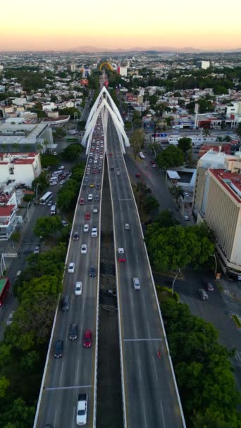 Svepande Vertikal Panoramautsikt Över Drönaren Fångar Upp Det Stadiga Trafikflödet — Stockvideo