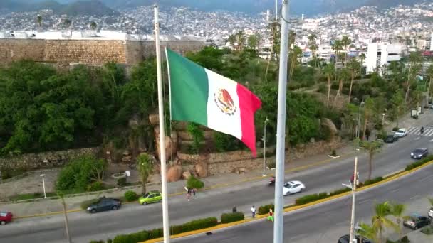 Беспилотник Запечатлел Величественный Мексиканский Флаг Развевающийся Парке Рейна Городским Пейзажем — стоковое видео