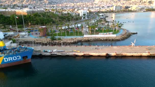 アカプルコの賑やかな海上ターミナルに隣接する活気のあるクイーンパークを展示するドローンビデオ — ストック動画