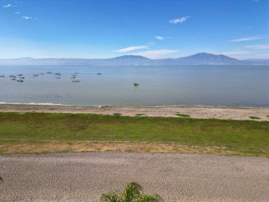 Image from above showing a depleted Lake Chapala, bordered by distant mountains under clear skies clipart