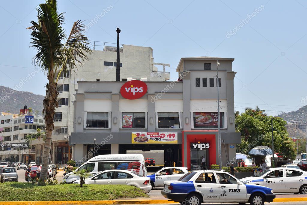 Acapulco, Mexico - April 27 2024: Restaurant located on the coastal avenue of Acapulco operating after Hurricane Otis