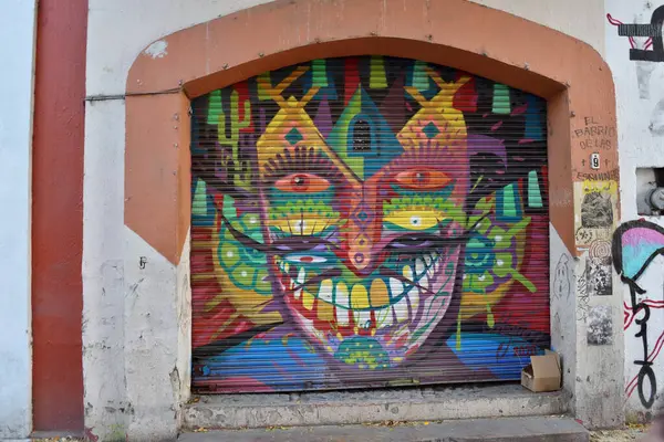 Guadalajara, Meksika - 18 Mart 2024: Çarpıcı bir grafiti duvar resmi Guadalajara sokaklarına canlı sanatsal bir dokunuş ekleyerek kentin dinamik kültürel manzarasını yansıtıyor