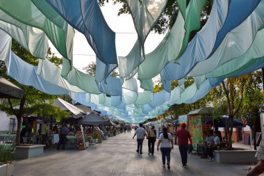 Zapopan, Meksika - 8 Haziran 2024: Zapopan 'daki Andador 20 de Noviembre manzarası, canlı kumaş dekorasyonları ve pazar tezgahları boyunca yürüyen insanlar