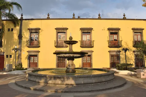 Zapopan, Meksika - 8 Haziran 2024: Zapopan, Meksika şehir merkezindeki tarihi sömürge tarzı bir binanın önünde güzel bir taş çeşme