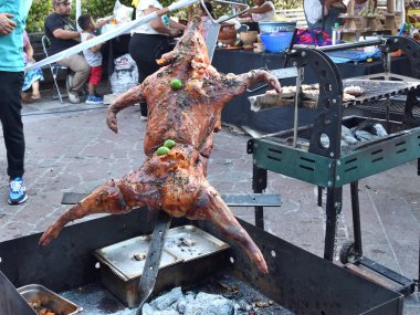 Zapopan, Meksika - 8 Haziran 2024: Birria veya barbacoa için hazırlanan geleneksel bir Meksika gıda pazarında keçi açık ateşte kızartılıyor