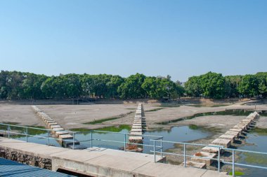 Guadalajara 'daki El Dean Parkı' ndaki taş patikalı ve ağaçlı kuru su deposunun panoramik görüntüsü.