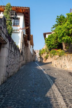 Güneşli bir günde Taxco, Guerrero, Meksika 'da sömürge duvarları ve yemyeşil yemyeşil bir caddenin dikey görüntüsü