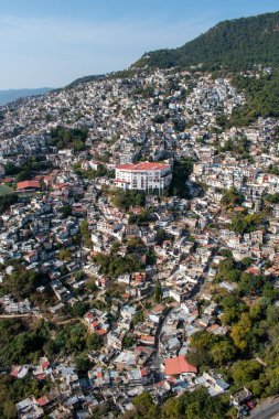 Taxco, Guerrero, Meksika 'daki doğal yeşilliklerle çevrili manzaralı dağ evlerinin dikey görüntüsü.