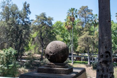 Colomos Ormanı, Guadalajara, Meksika 'nın arka planında orman manzaralı ve palmiye ağaçlarıyla ön planda taş süsleme