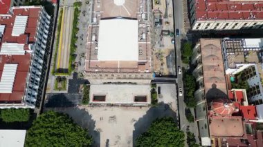 Zapopan, Mexico - July 26 2025: Horizontal drone pan revealing the Plaza de la Liberacion during urban remodeling in Guadalajara, Jalisco