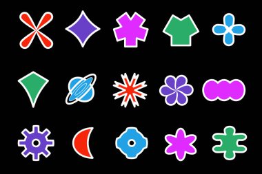 Evrensel modayı takip eden geometrik doğrusal şekiller ayarlandı. İsviçre tarzı asgari tasarım için gaddarlık şekilleri. Bir dizi Modern Geometrik Çıkartma. Memphis tasarımı, web için retro ögeler.