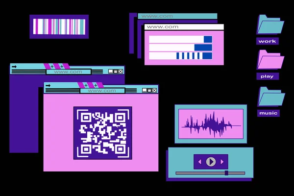 Retro vaporwave desktop with message boxes, qr code and user interface elements. Set of flat retrowave UI and UX elements: dialog box, button, modal window