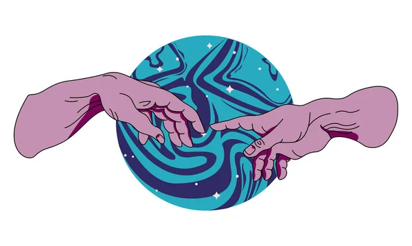 Hands going to touch together against the backdrop of space. Look like the Michelangelo's art. Cyberpunk and vaporwave style. Vector template of cover, event flyer, club party invitation