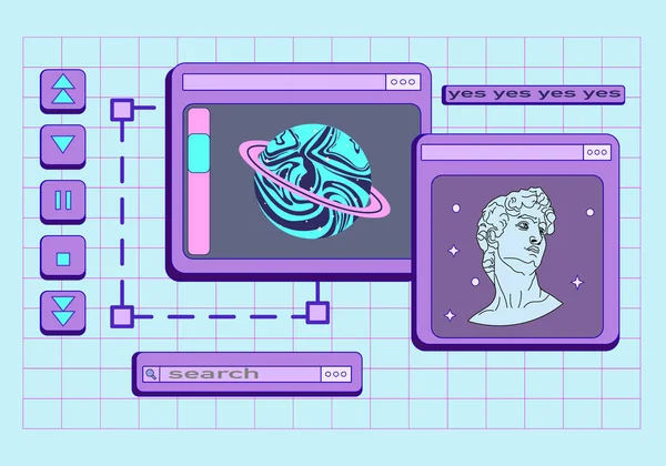 Mesajlı şirin Retro Vaporwave Masaüstü. 90 'ların buharlı bilgisayar penceresinde bilgisayar etiketli retro tarayıcı. Sosyal medya için Y2k estetik arka planı ve bilgisayar mesajı kutusu. Kullanıcı Uygulaması