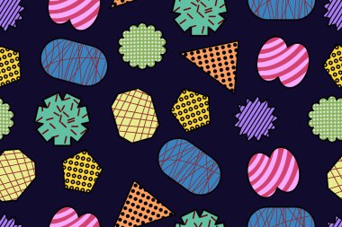 Çeşitli Kağıt Elementi ile Kusursuz Arka plan. Kağıt kesikli desen. Farklı şekiller ve el çizimi dokular modaya uygun biçim vektör arka planında soyut şekiller oluştururlar. Renkli geometrik şekiller