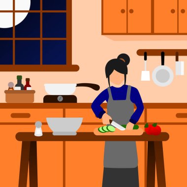 Evde Tek Başına Yemek Pişiren Kadınlar Ev Yaşamı Çizimleri