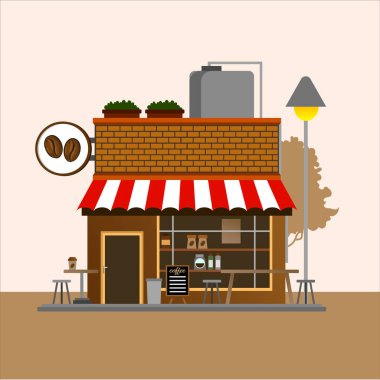 Çizgili tenteli, kahve tabelalı, açık oturaklı ve kafe elementli modern bir kahve dükkanının düz vektör çizimi. Marka, broşür, menü ve poster tasarımı için mükemmel..