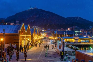 Hakodate, Hokkaido Japonya 'da kışın alacakaranlıkta tarihi kırmızı tuğla depoları ve Hakodate Dağı' nın şehri.