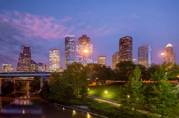 Houston Miasto Centrum Miasta Panorama Teksasu Usa Zachodzie Słońca — Zdjęcie stockowe