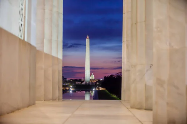 Washington Emlékmű Tükröződik Tükröződő Medence Washington Usa Napkeltekor — Stock Fotó