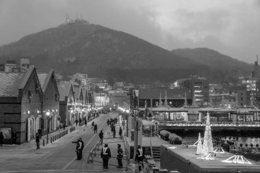 Hakodate, Hokkaido Japonya 'da kışın alacakaranlıkta tarihi kırmızı tuğla depoları ve Hakodate Dağı' nın şehri.