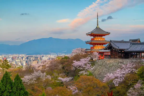 Oude Stad Kyoto Tijdens Het Sakura Seizoen Japan Bij Zonsondergang — Stockfoto