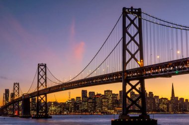 Downtow City silüeti ve ünlü Golden Gate Köprüsü, Kaliforniya 'da güneş batarken San Francisco