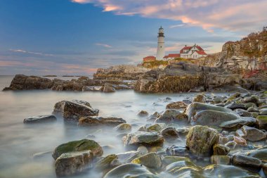 Portland Baş Işığı Maine 'de Sunset, ABD