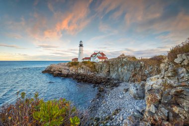 Portland Baş Işığı Maine 'de Sunset, ABD