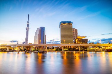 Japonya 'da gün batımında Sumida Nehri üzerindeki Tokyo silueti