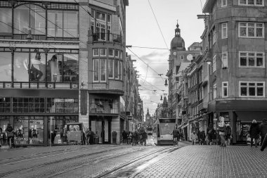 Amsterdam şehir merkezi silüeti. Gün batımında Hollanda 'da şehir manzarası