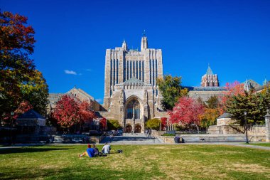 Sonbaharda ABD 'nin Connecticut şehrinin New Haven şehir merkezi gökyüzü manzarası