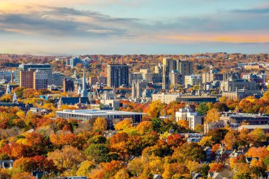 Sonbaharda ABD 'nin Connecticut şehrinin New Haven şehir merkezi gökyüzü manzarası