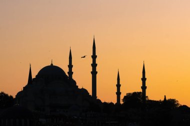 Türkiye 'nin İstanbul kentindeki Sultanahmet Camii' nin (Mavi Cami) gün batımında siluet manzarası