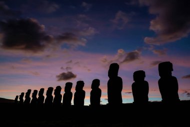 Şili 'nin Paskalya Adası' ndaki Ahu Togariki 'nin eski moai' si.