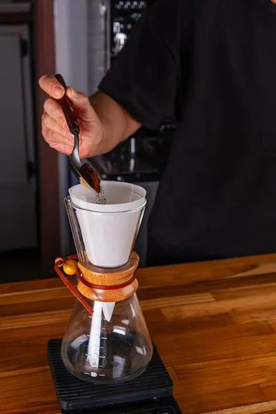 coffee brewed with a strainer in a coffee maker.