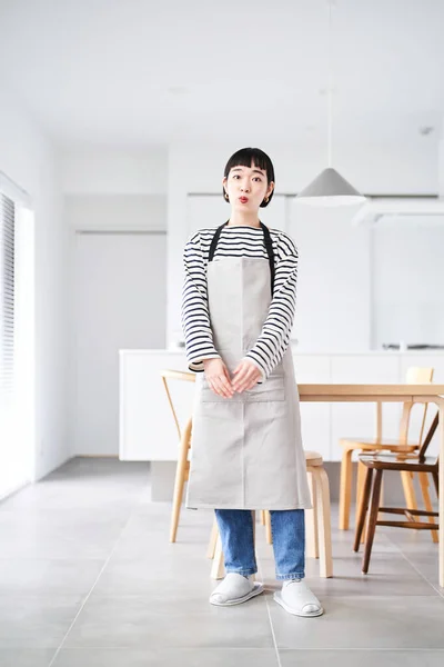 Asian Young Woman Wearing Apron Room — Stock Photo, Image