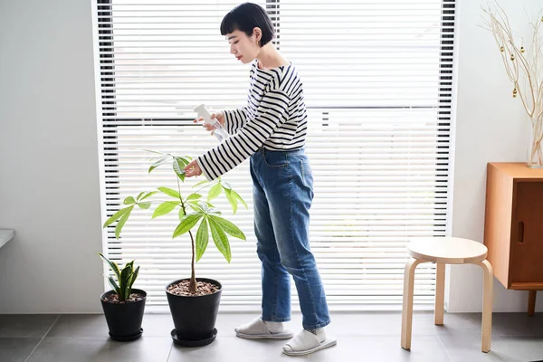 Young Woman Taking Care Houseplants Room — Stock Photo, Image