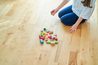 Anne ve çocuk odada yapı taşlarıyla oynuyorlar.