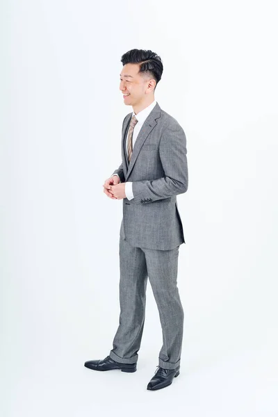 Middle Aged Man Gray Suit White Background — Foto de Stock