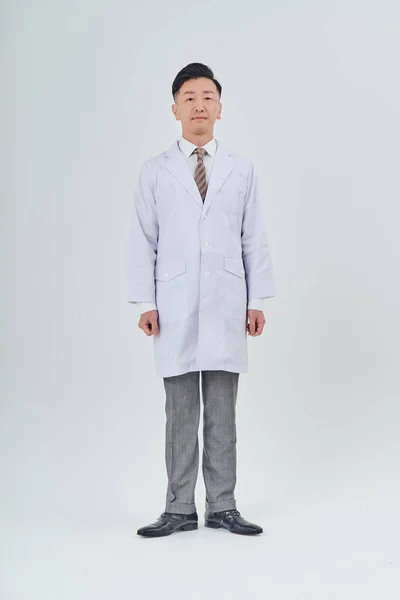 Man White Coat Indoors White Background — Stock Photo, Image
