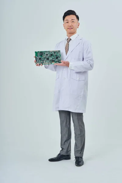 Man White Coat Electronic Circuit White Background — Stok fotoğraf