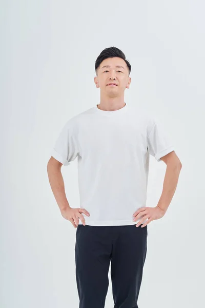 Mann Mittleren Alters Trägt Drinnen Sportbekleidung Und Weißen Hintergrund — Stockfoto