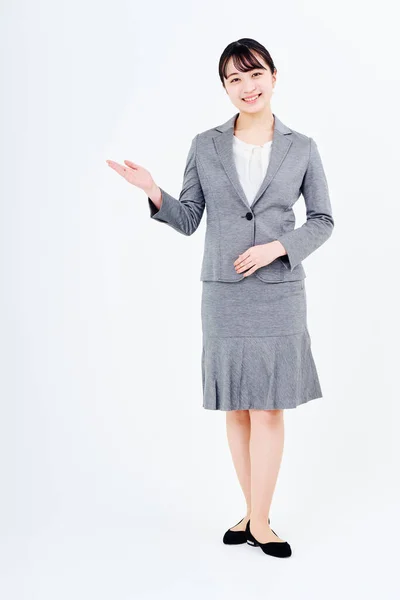 Woman Suit Posing Guidance White Background — Stock Photo, Image